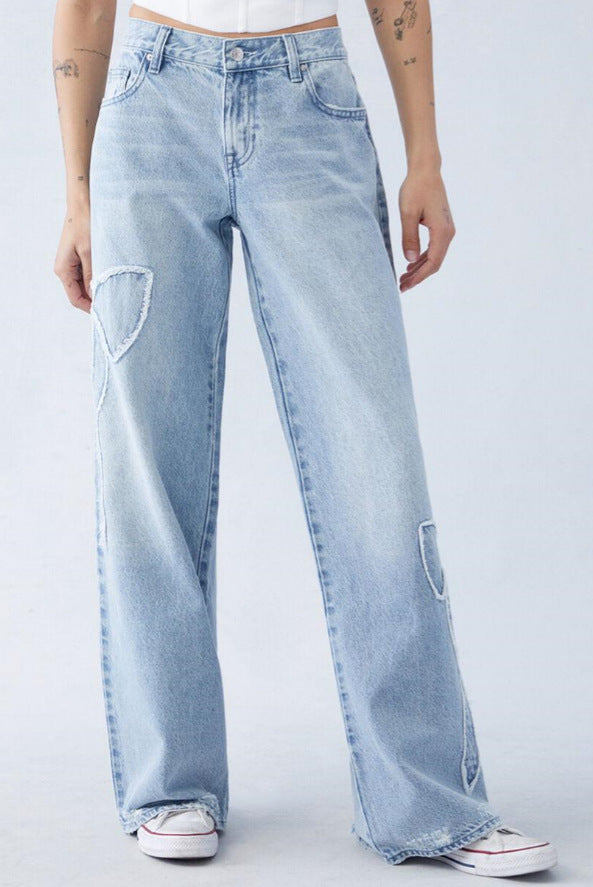 Embroidered Side Fringe High Waist Jeans