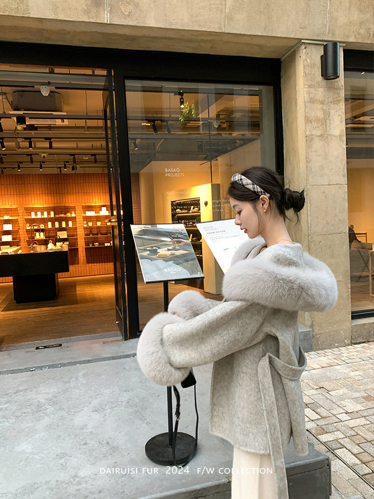 Women's Wool Blend Coat with Detachable Fox Fur