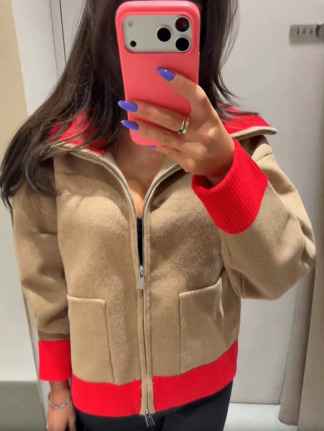 Women's Retro Patchwork Lapel Zipper Knit Cardigan