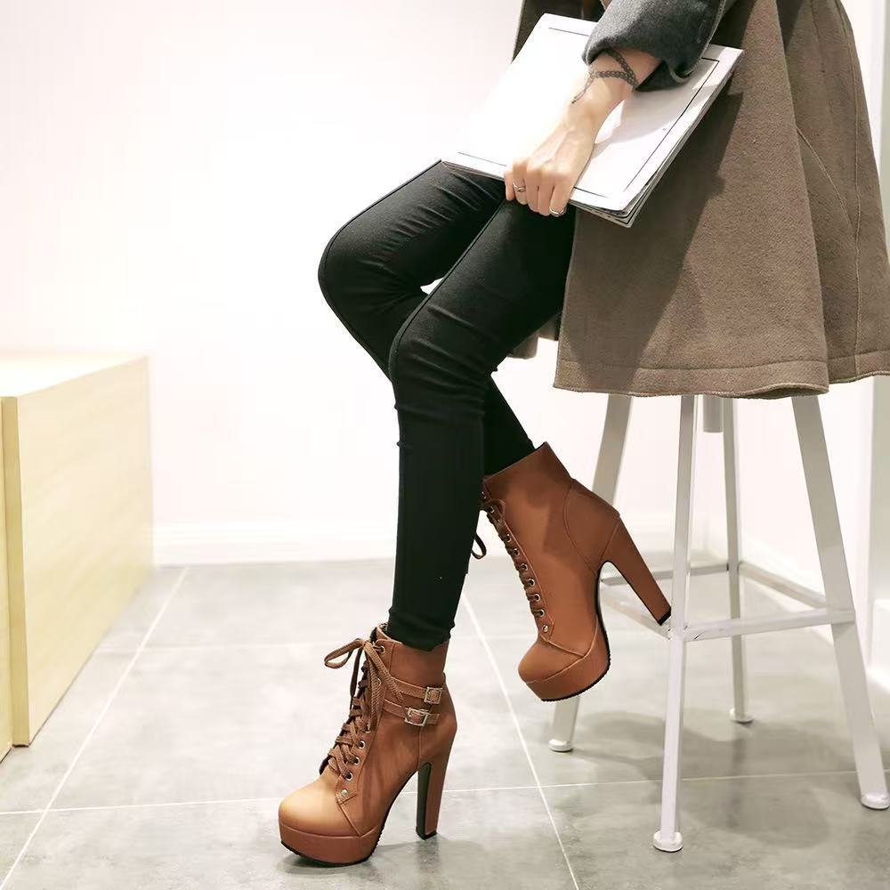 Women's Cross-Tie Martin Boots High Heel Platform Round Toe Ankle Boots