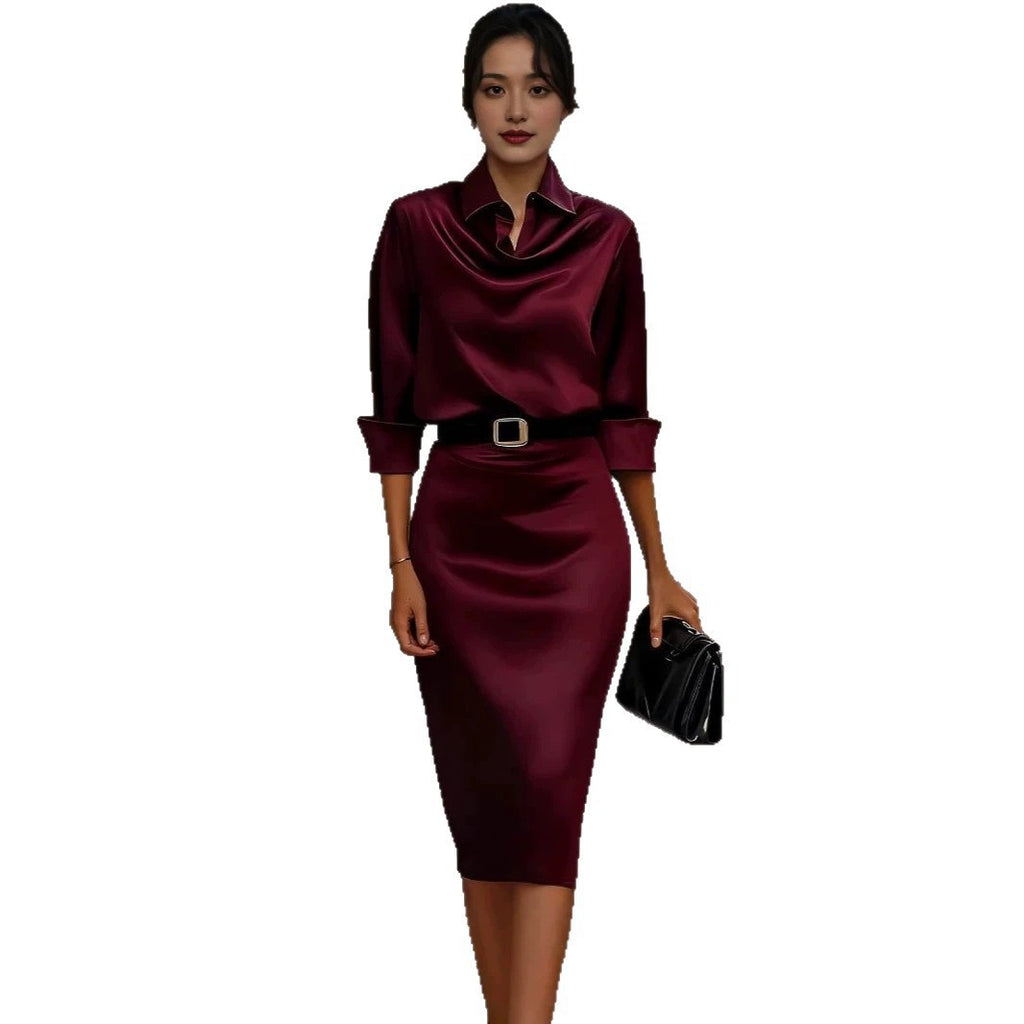 Women's Acetate Satin Long Sleeve Dress Slim Fit Shirt Collar Elegant Midi Dress