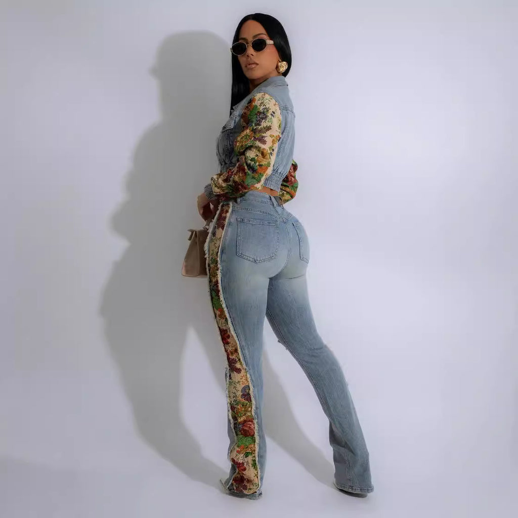 Women's Vintage Jeans Patchwork 2-Piece Set