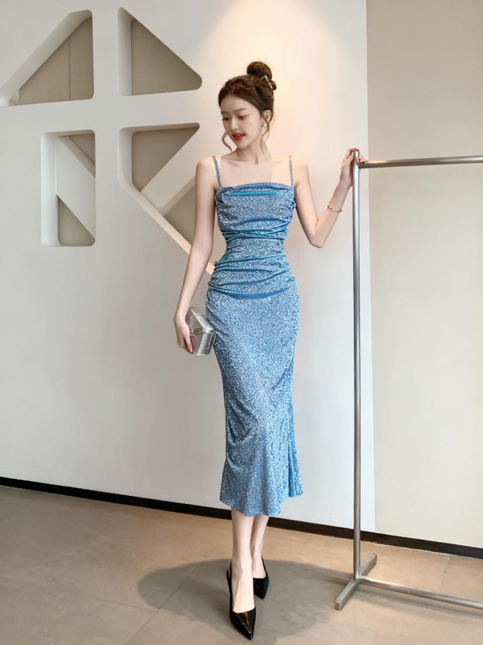 Women's Long Open Back Solid Color Sling Fishtail Dress