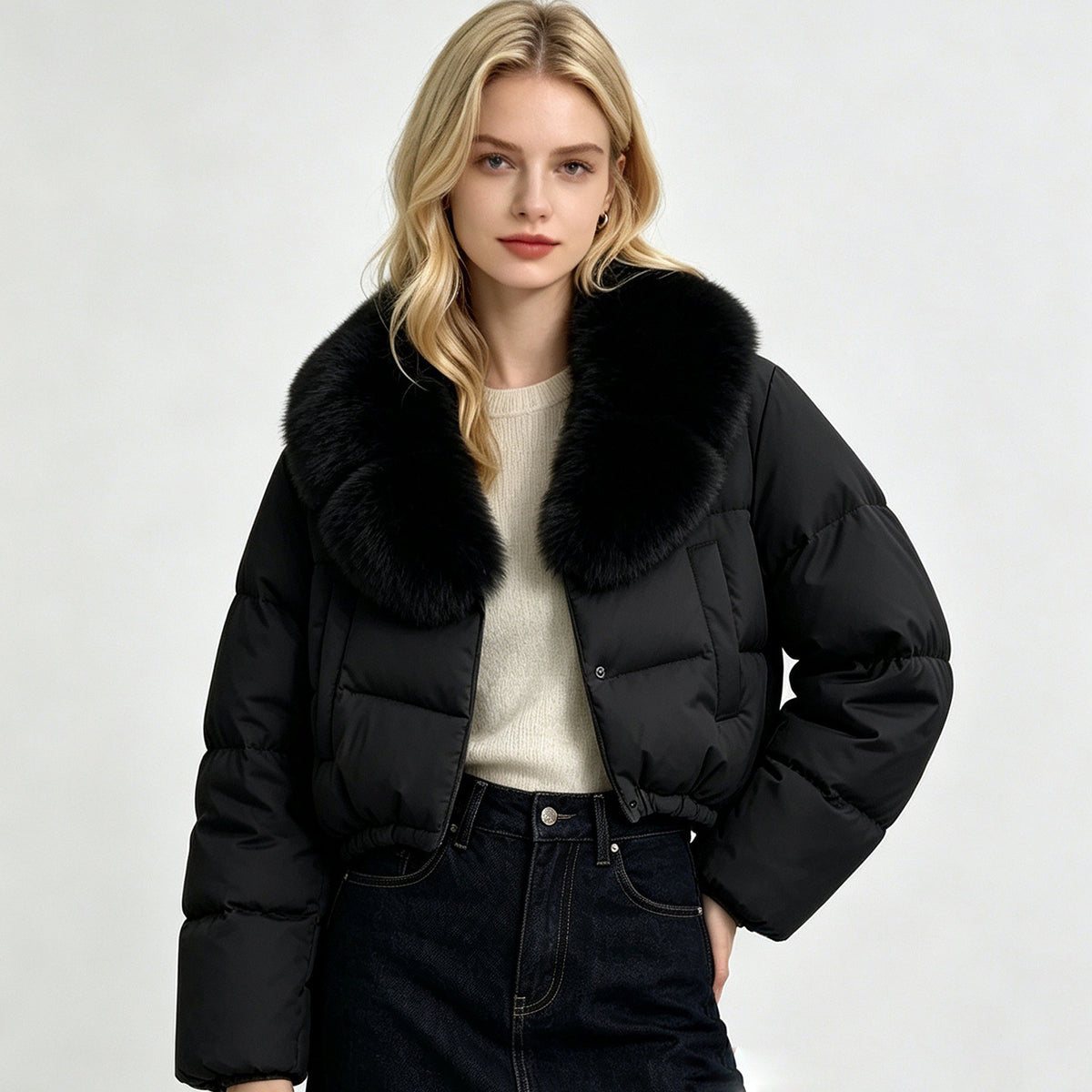 Women's Short Down Cotton Coat with Removable Imitation Fur Collar