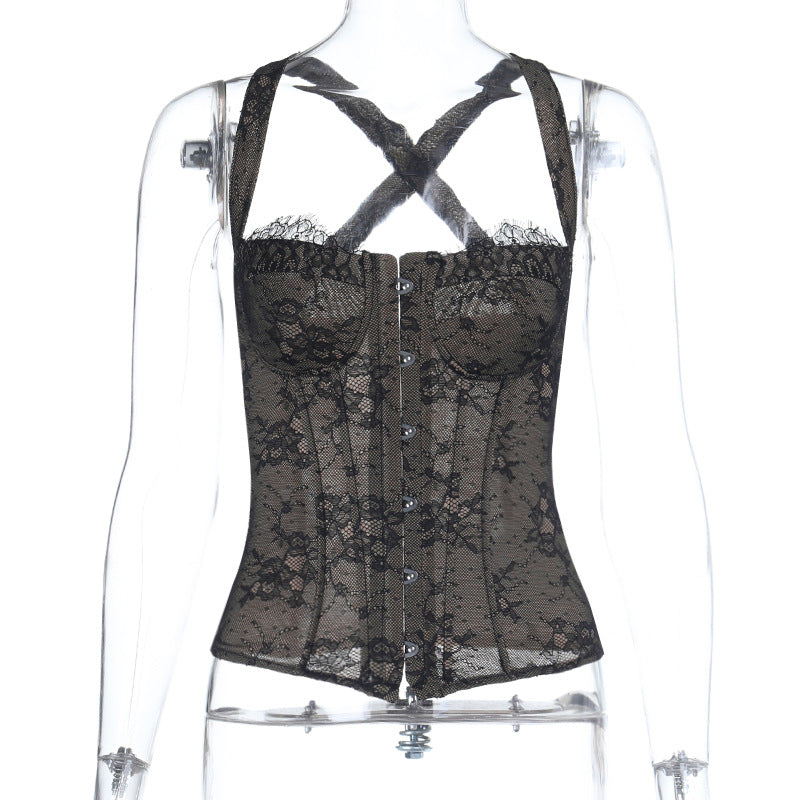 Women's Sleeveless Lace-Up Corset Top Solid Color Slim Fit Tank Top