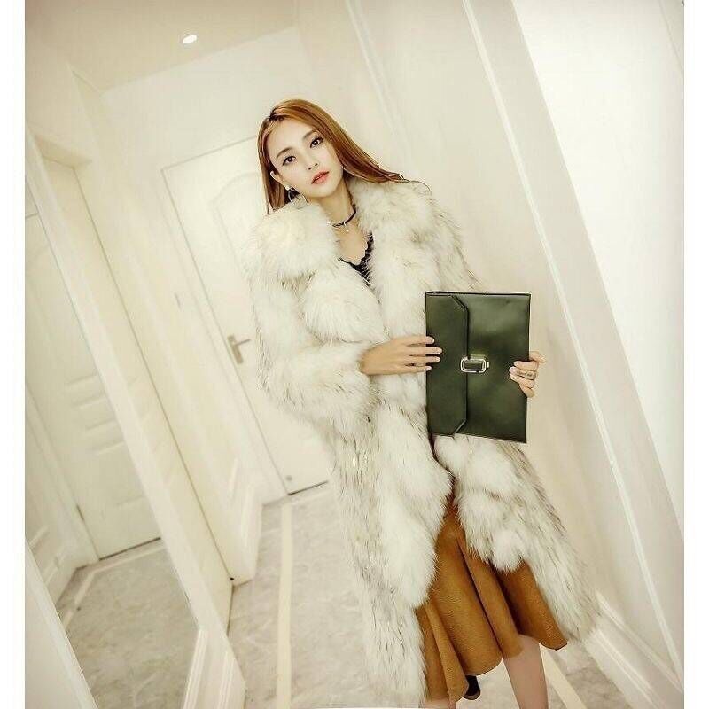 Women's Long Faux Fur Coat with Ruffled Hem and Fur Collar