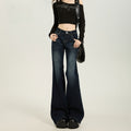 American Style Dark Blue Low Waist Flared Jeans for Women Slim Fit