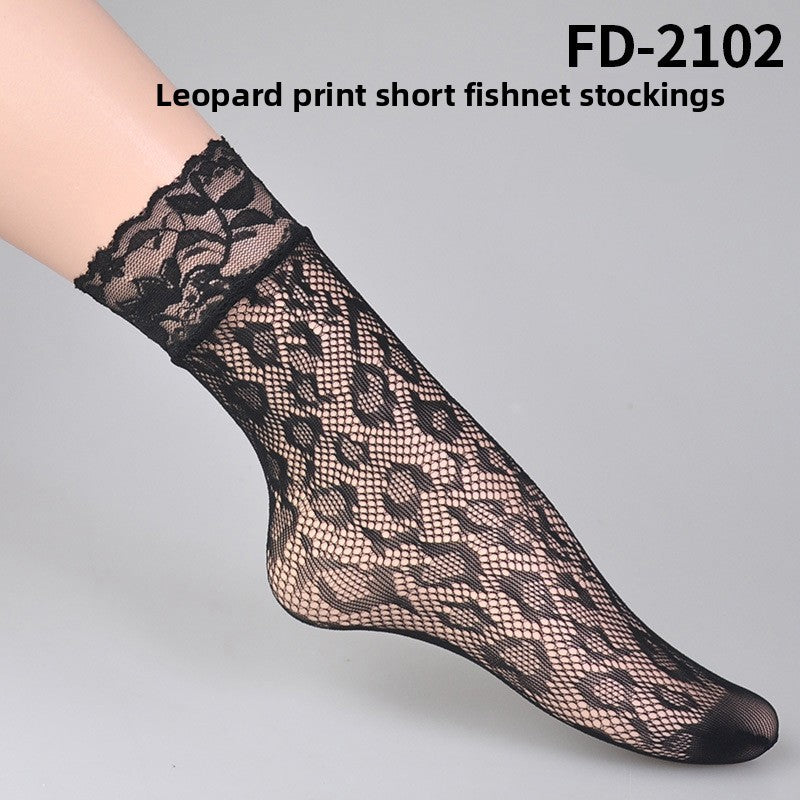 Women Hollow-Out Short Fishnet Socks Lace Trim Retro Style