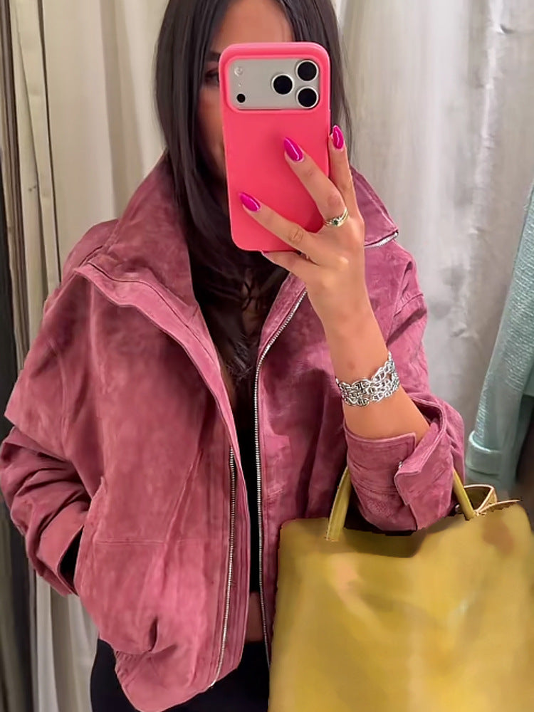 Womens Stand Collar Faux Leather Jacket