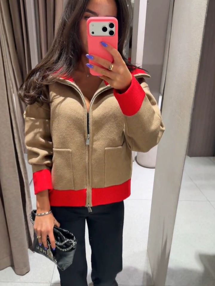 Women's Retro Patchwork Lapel Zipper Knit Cardigan