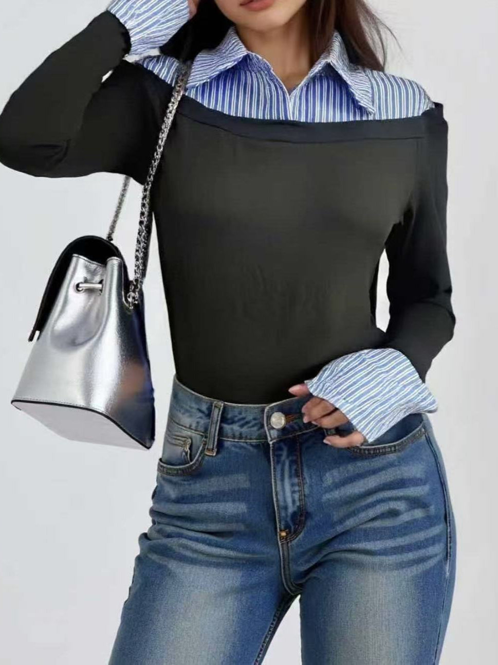 Womens Striped Button Down Blouse