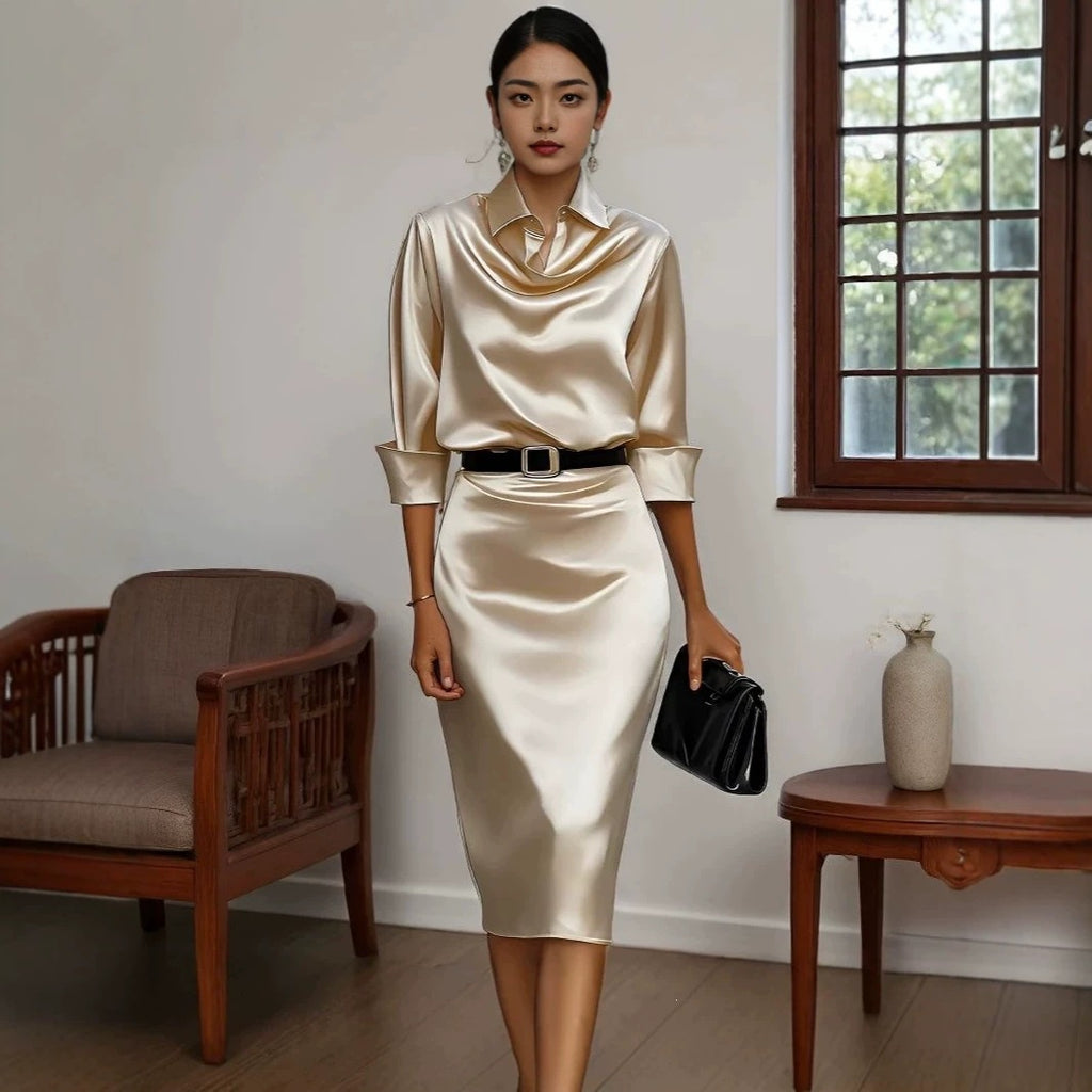 Women's Acetate Satin Long Sleeve Dress Slim Fit Shirt Collar Elegant Midi Dress